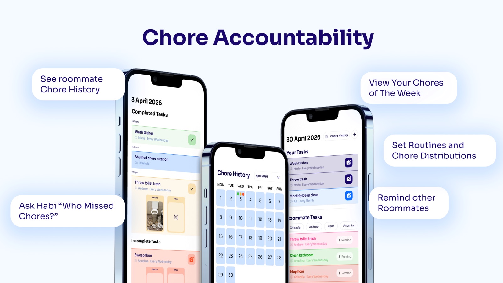 Chore Accountability slide: weekly chore list, chore history calendar, and roommate reminders