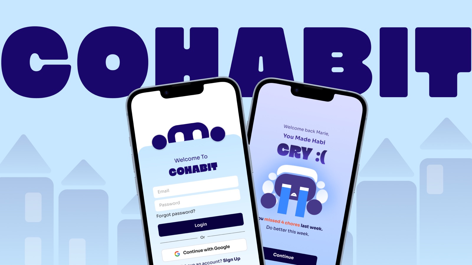 COHABIT LookBook cover: the wordmark above two phones showing the login screen and Habi crying over missed chores