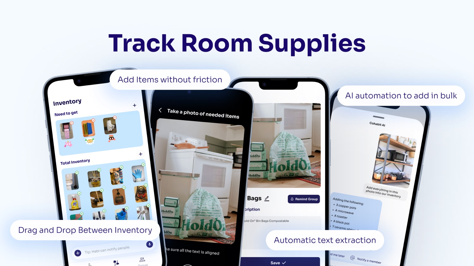 Track Room Supplies slide: inventory screens with photo capture and automatic text extraction